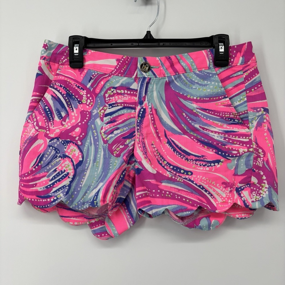 Lilly Pulitzer Buttercup Scalloped Hem Shorts Hot Pink Blue Size 2 Beach Summer‎